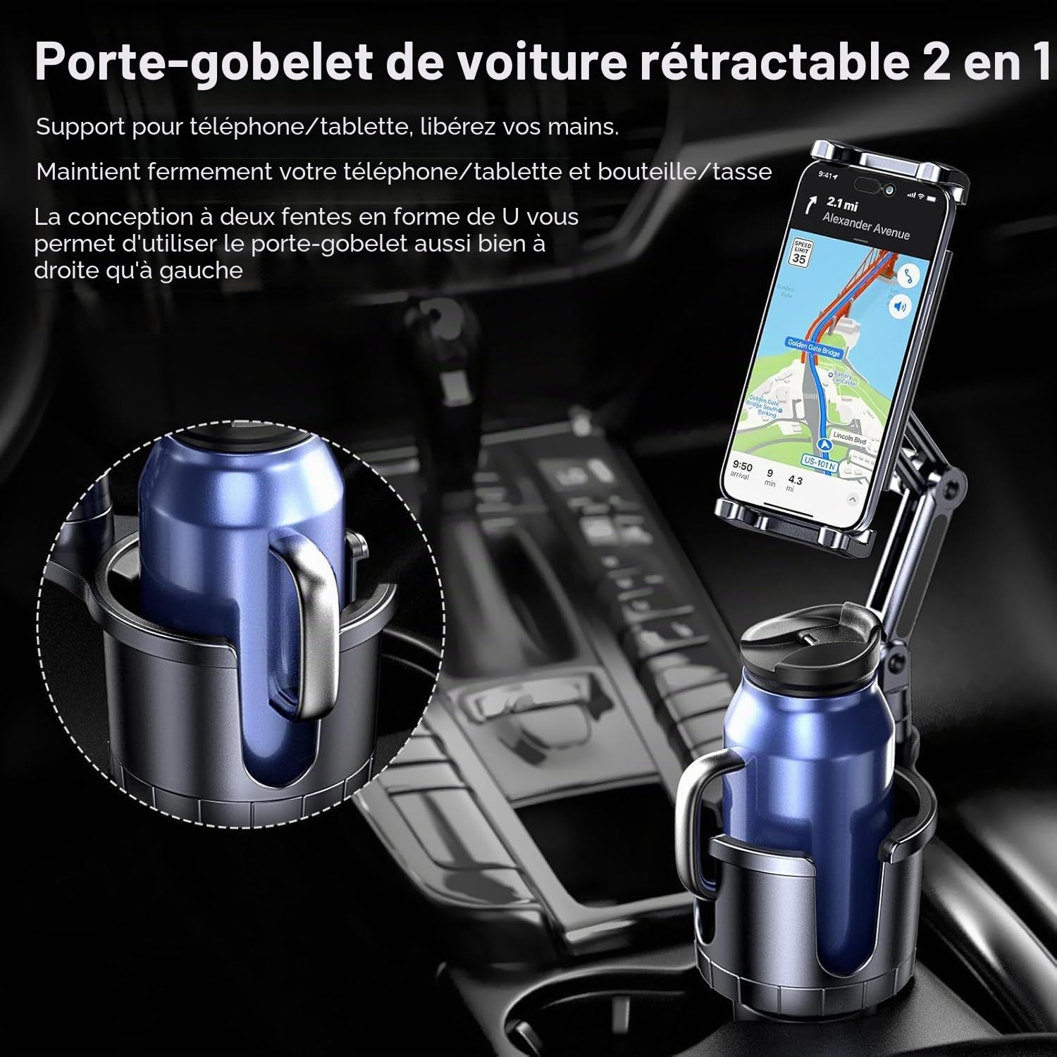 Support de téléphone portable 2 en 1 pour tasse, porte-gobelet de voiture avec long bras réglable, rotatif à 360 °, compatible avec tablette, tous les smartphones