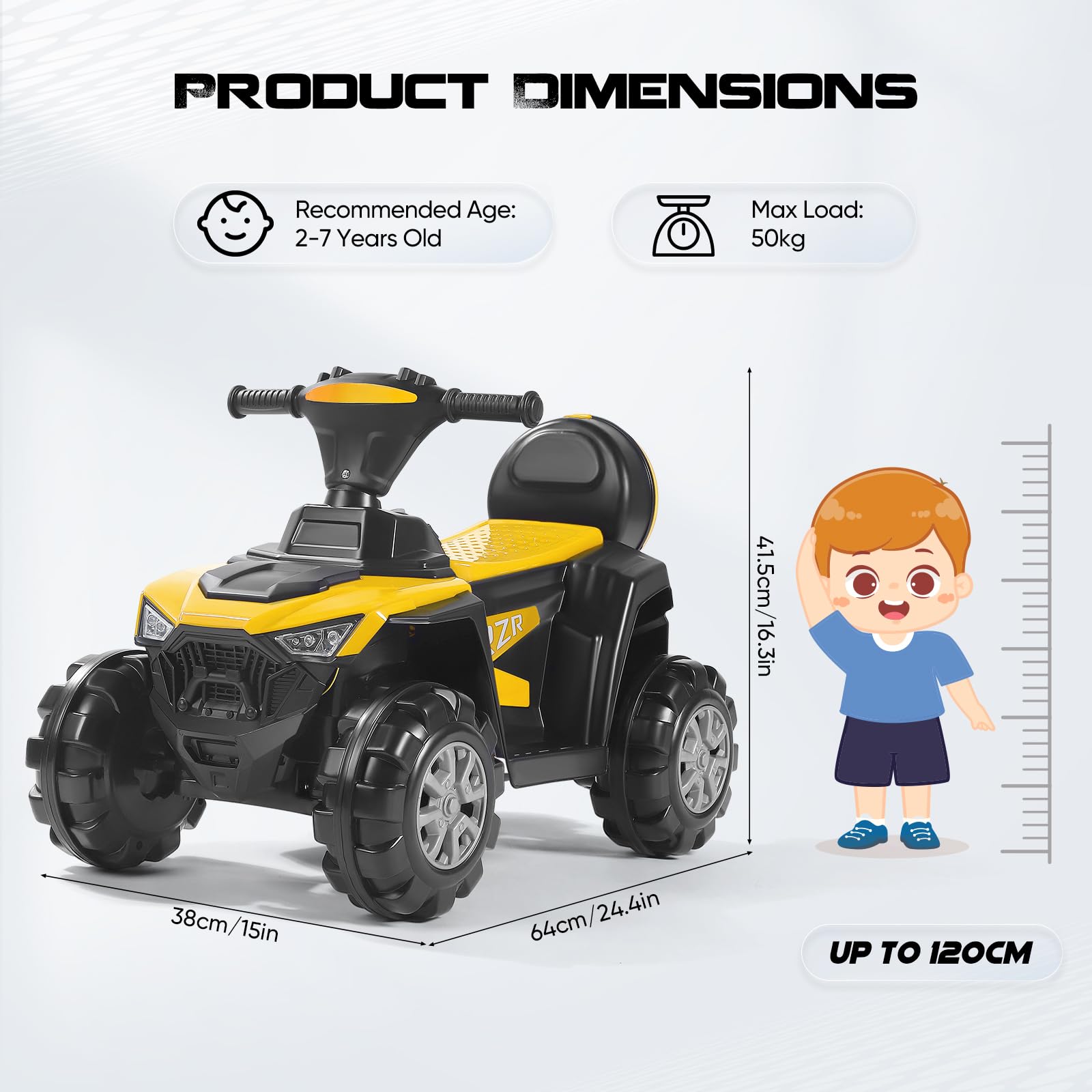 Moto électrique pour enfants avec lecteur de musique MP3, capacité de charge maximale 50 kg, USB, pour enfants à partir de 3 ans (jaune-Plage)