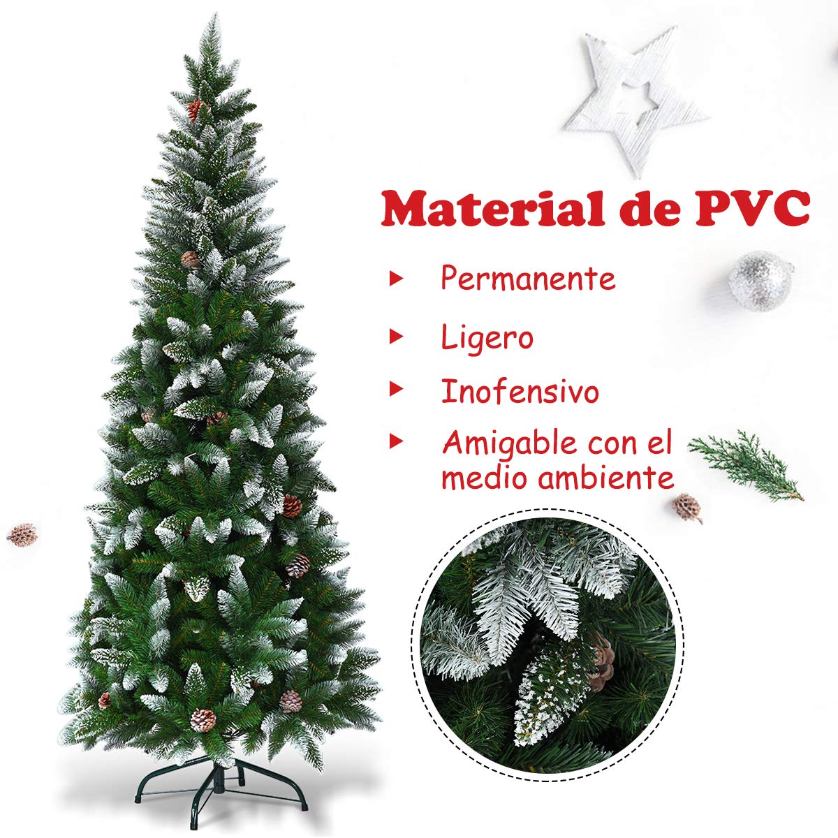 COSTWAY Árbol de Navidad Slim/Estrecho 180cm, Arbol de Navidad Nevado con 29 Piñas, Pino Cubierto de Nieve, PVC de 630 Puntas, Arvore de Natal Soporte de Metal, Hogar Oficina Fiesta (180 cm)