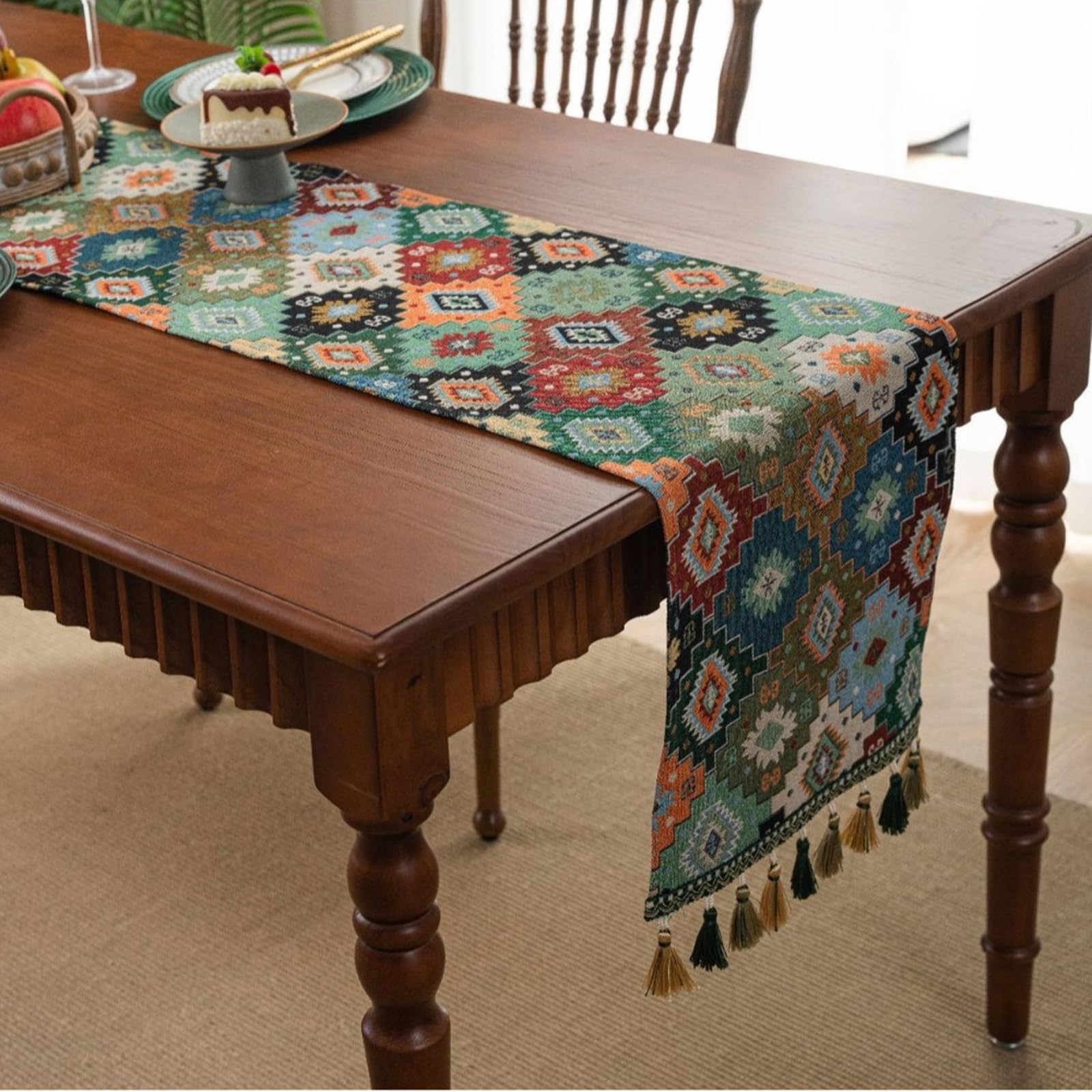 Runner da Tavolo Poliestere Cotone 33x400 cm, Runner da Tavola Moderno Lavabile Motivo Rombi Jacquard con Nappe Decorazioni per Tavolino da Compleanni Matrimoni, Blu Verde