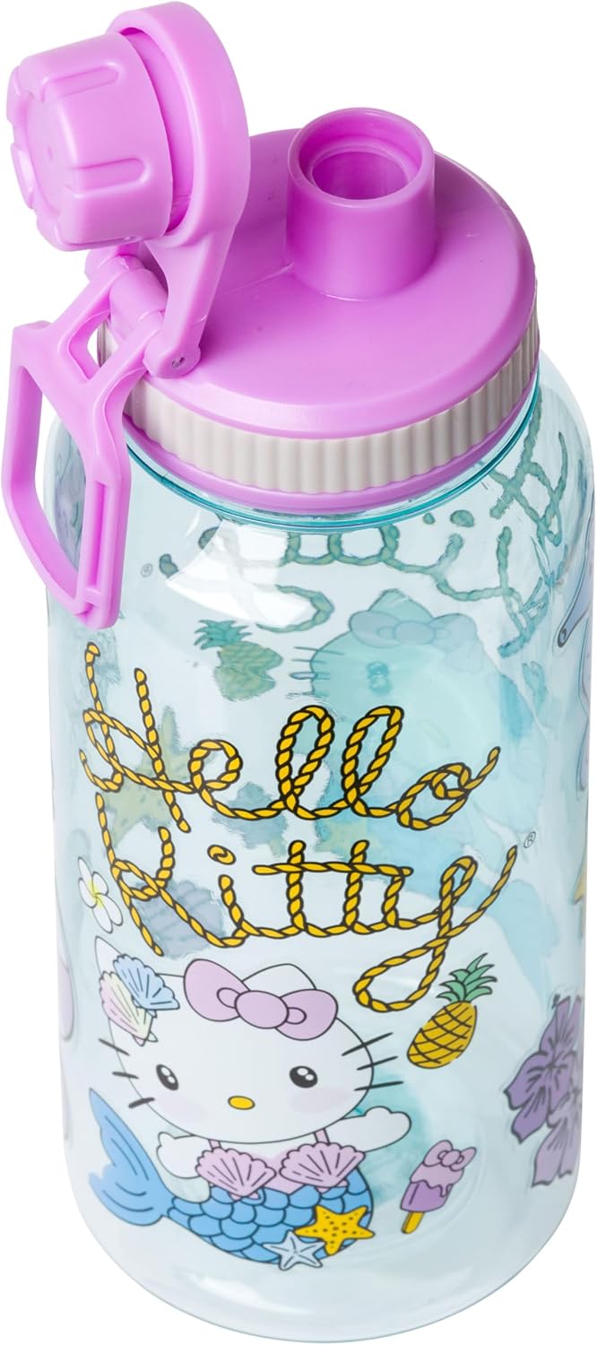 Silver Buffalo Sanrio Hello Kitty Mermaid Twist Spout Plastic Bottle with Sticker Set, 32 Ounces