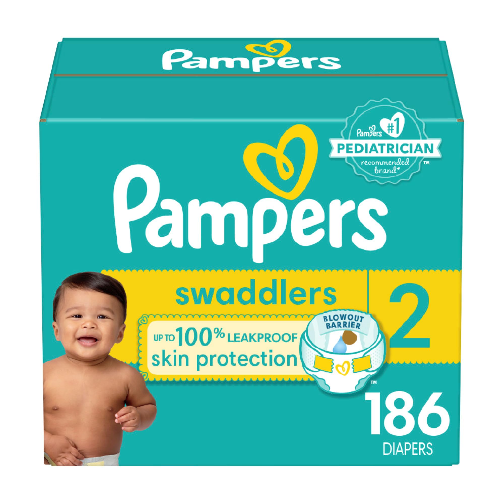 PampersBaby Diapers - Swaddlers - Size 2, 186 Count, Ultra Absorbent Disposable Infant Diaper