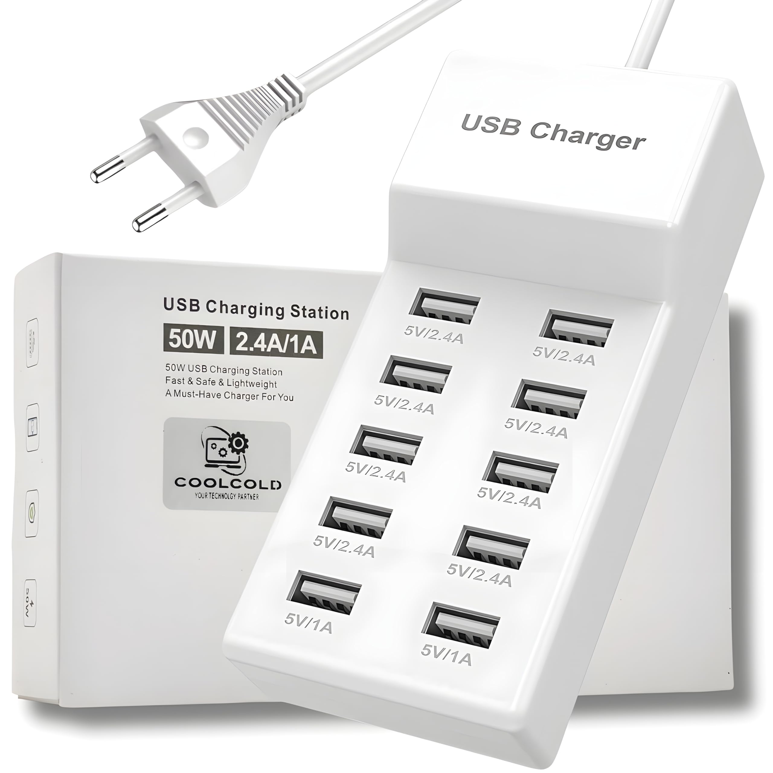 COOLCOLD 10-Port USB Charging Station (White) | Smart Fast Charger (Not Fast Mobile Charging) | Multi-Device Desktop Charger for Tablets, Smartwatches, Speaker and Other USB Gadget