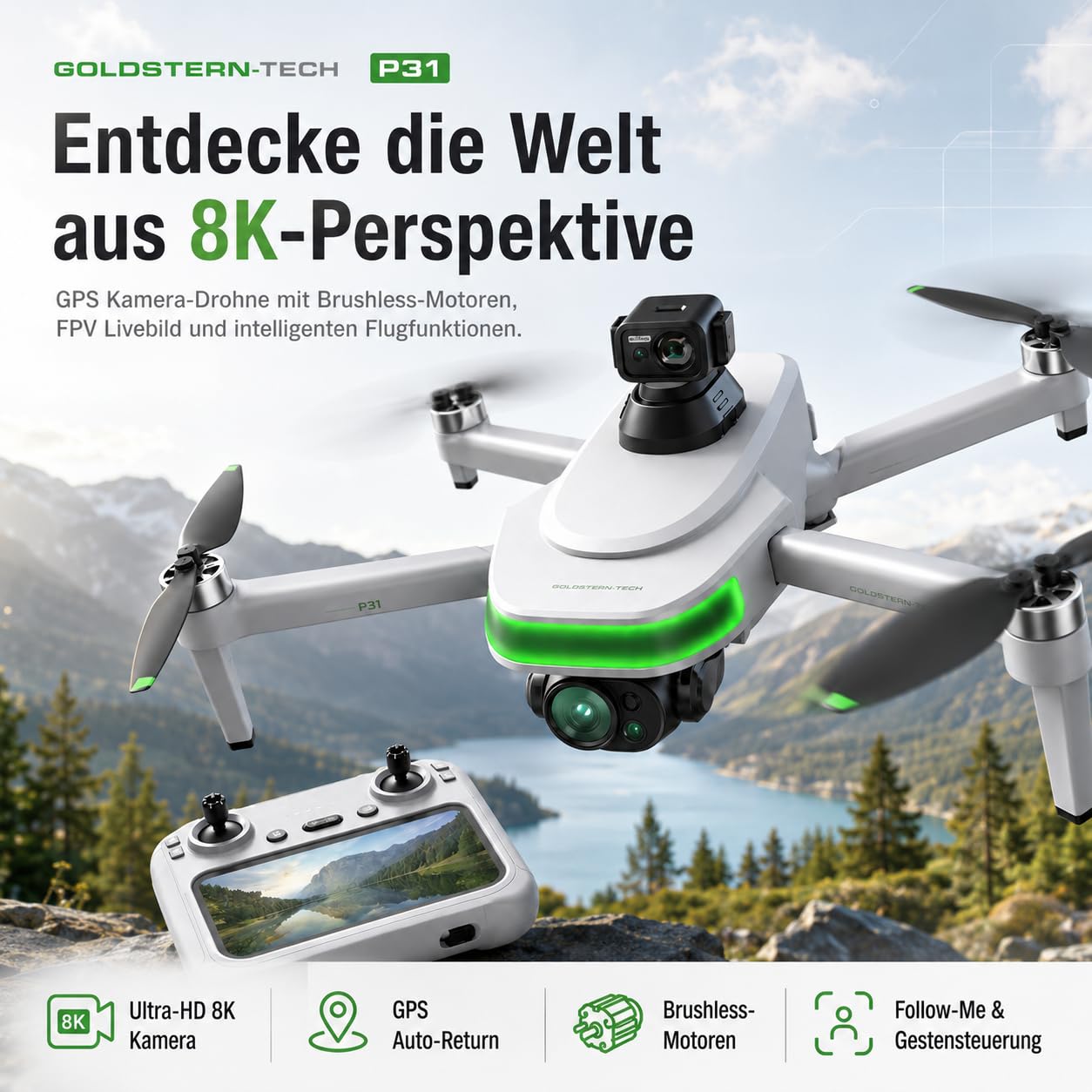 Kamera Drohne mit GPS und 8K Ultra HD, Follow Me, FPV Livebild, Auto Start & Landung, Gestensteuerung, Brushless Motoren, Faltbarer RC Quadrocopter