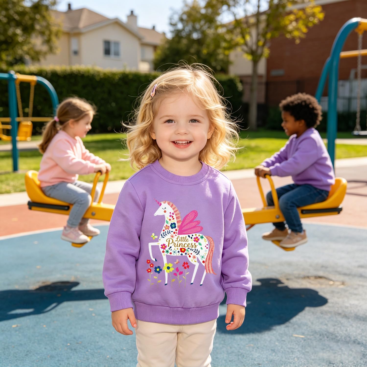 2-7T Toddler Girls Sweatshirt, Kids Wild Flowers Unicorn Butterfly Print Long Sleeve Shirt, Spring Fall Daily Wear
