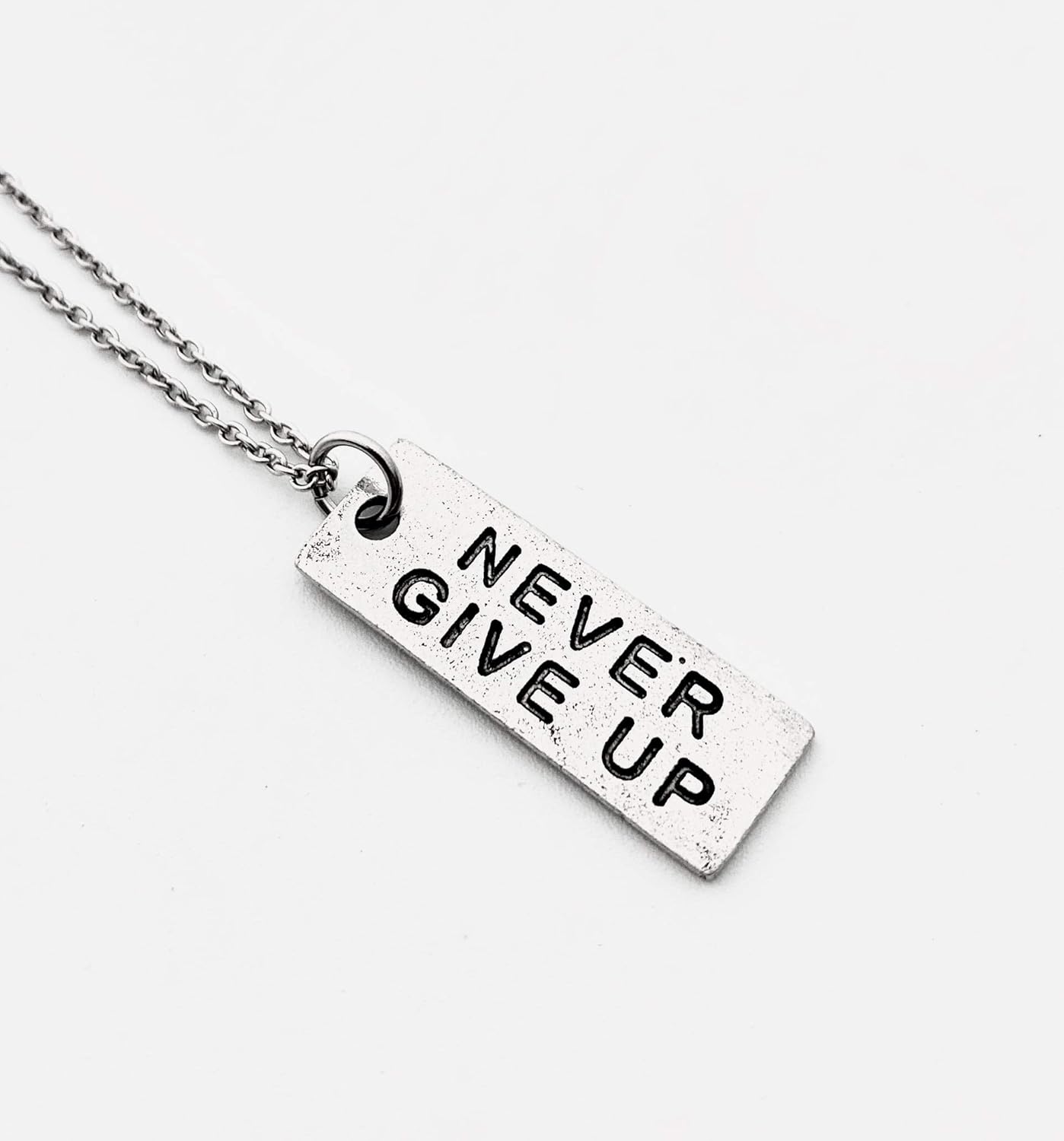 Pewter NEVER GIVE UP Necklace - Pewter Pendant on 18 inch Stainless Steel Cable Chain - All Pewter - Image 2