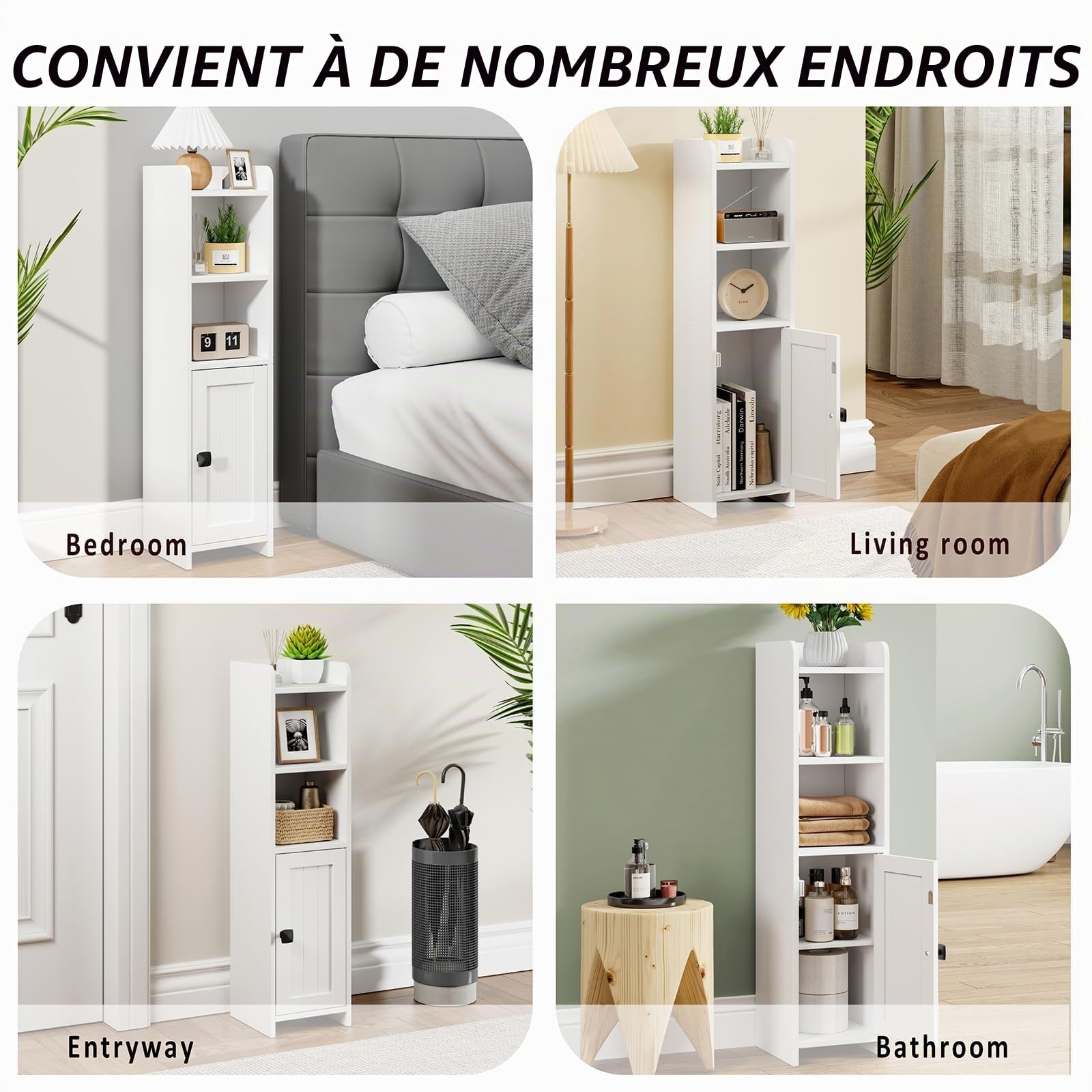 Lomojo Petit meuble d'angle de salle de bain, avec étagères réglables, autoportant, étroit, organisateur pour papier toilette pour petits espaces (blanc)