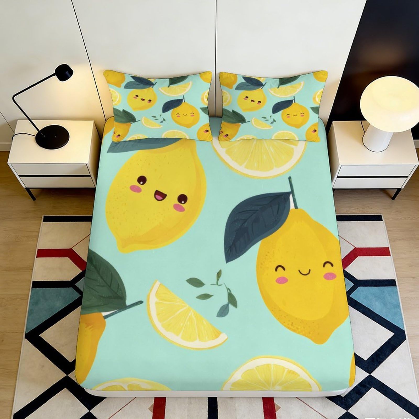 3D Printed Lemon Cartoon Fitted Sheet Microfiber Soft Breathable Citrus Slice Mattress Cover for Bedroom Dorm Decor 90x200x25cm