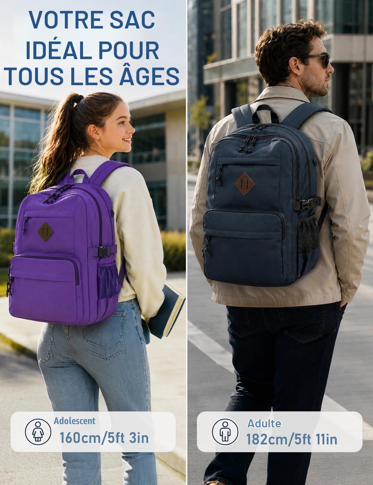 Sac à Dos College, Grand Sac a Dos École Garçon Fille 2 Compartiments 15,6 Pouces Ordinateur Léger Résistant à l'Eau​​ Cartable Ados Homme Femme pour Scolaire Lycée Voyage Travail 20L Bleu