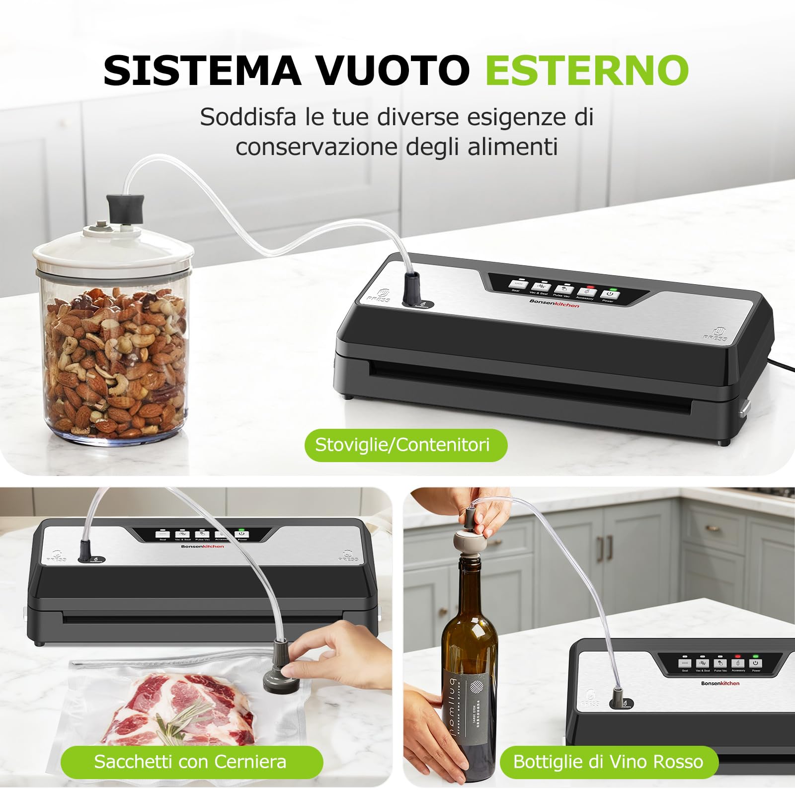 Bonsenkitchen Macchina Sottovuoto Alimenticon Taglierina Integrata e Vano Porta Sacchetti per Cottura Sous Vide e Preparazione Pasti | 4 Modalità | 1 Rotolo di Sacchetto e 5 Sacchetti, Nero
