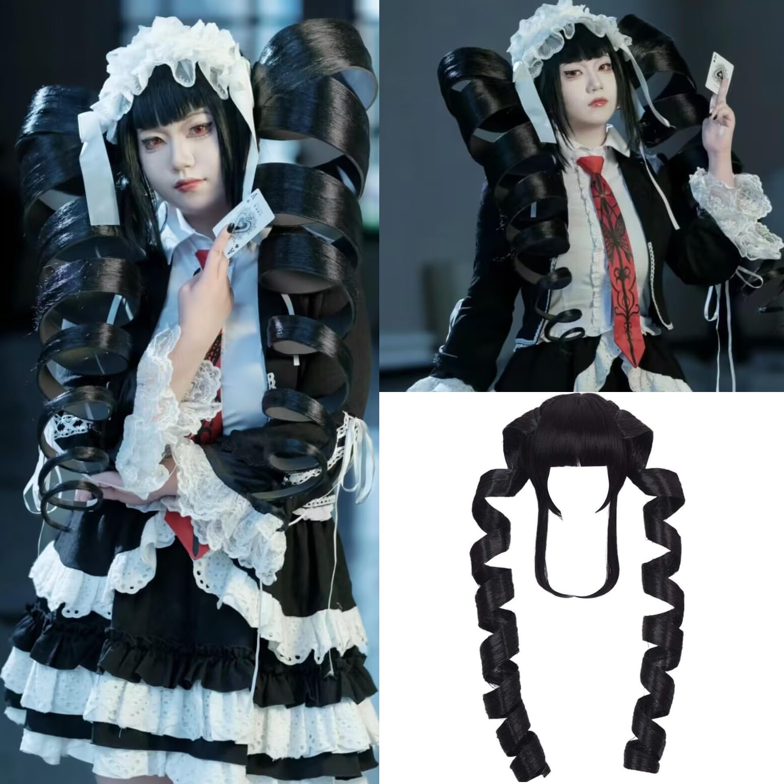 IMEYLE Wig Long Black Wig with 2 Ponytails for Women Long Curly Wig with Bangs Synthetic Wig Anime Cosplay Wig for Halloween Costume Party + Wig Cap