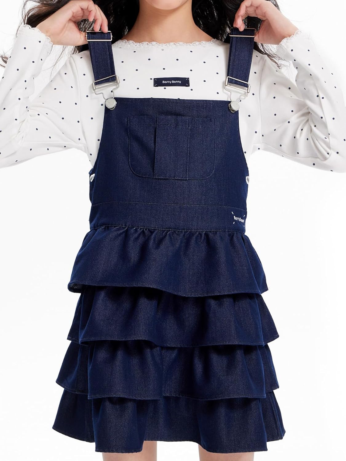 Girls Denim Overall Dress Adjustable Strap Ruffle Skirt, Layered Jean Jumper Dress for Kids 6-16