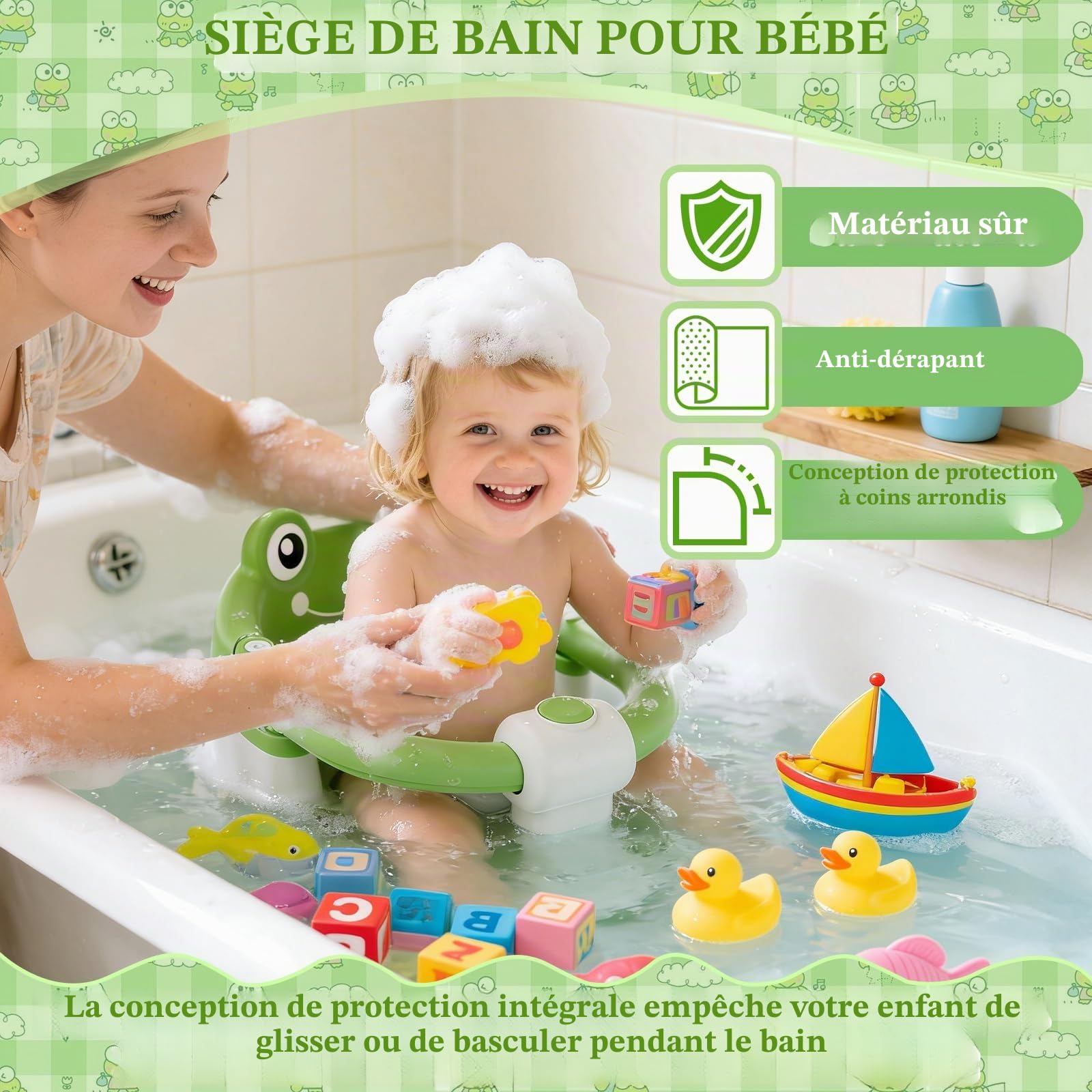 Siege Bain Bebe,SièGe de Bain pour BéBé,Siège de Bain Bébé,Anneau de Bain Bebe,Siège de Bain avec 4 Ventouses et Coussin,Chaise de Bain Portable et Sûre pour la Douche ou le Bain - Vert