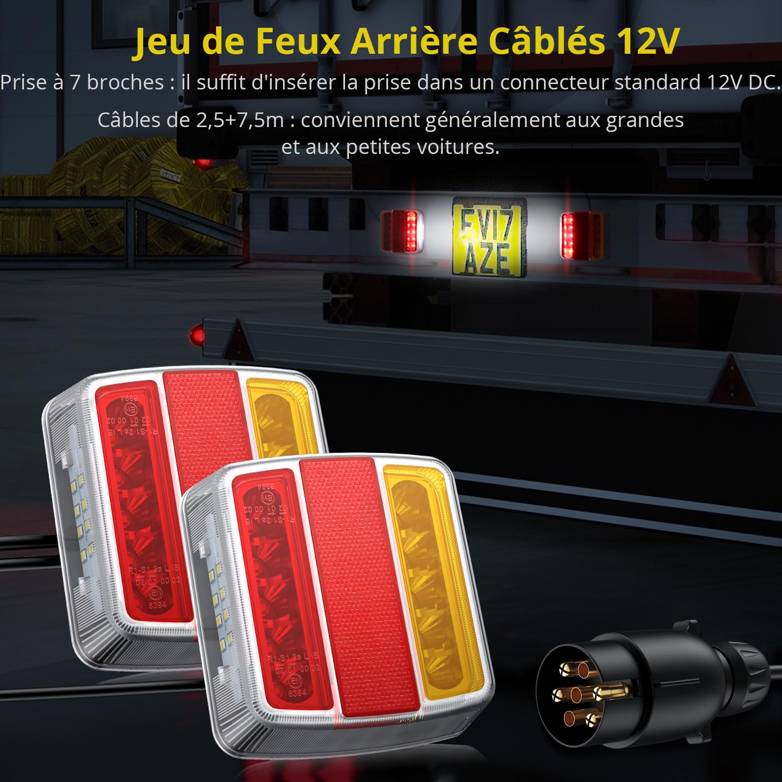 PROZOR 18 LED Feu Arrière pour Remorque avec Réflecteur 2pcs Feux de Remorque Vis Intégré E-marqué IP65 avec 7.5m Câble 7 Pin Connecteur Feux de Frein Arrière Rouge Ambre Blanc pour 12V Camion Van