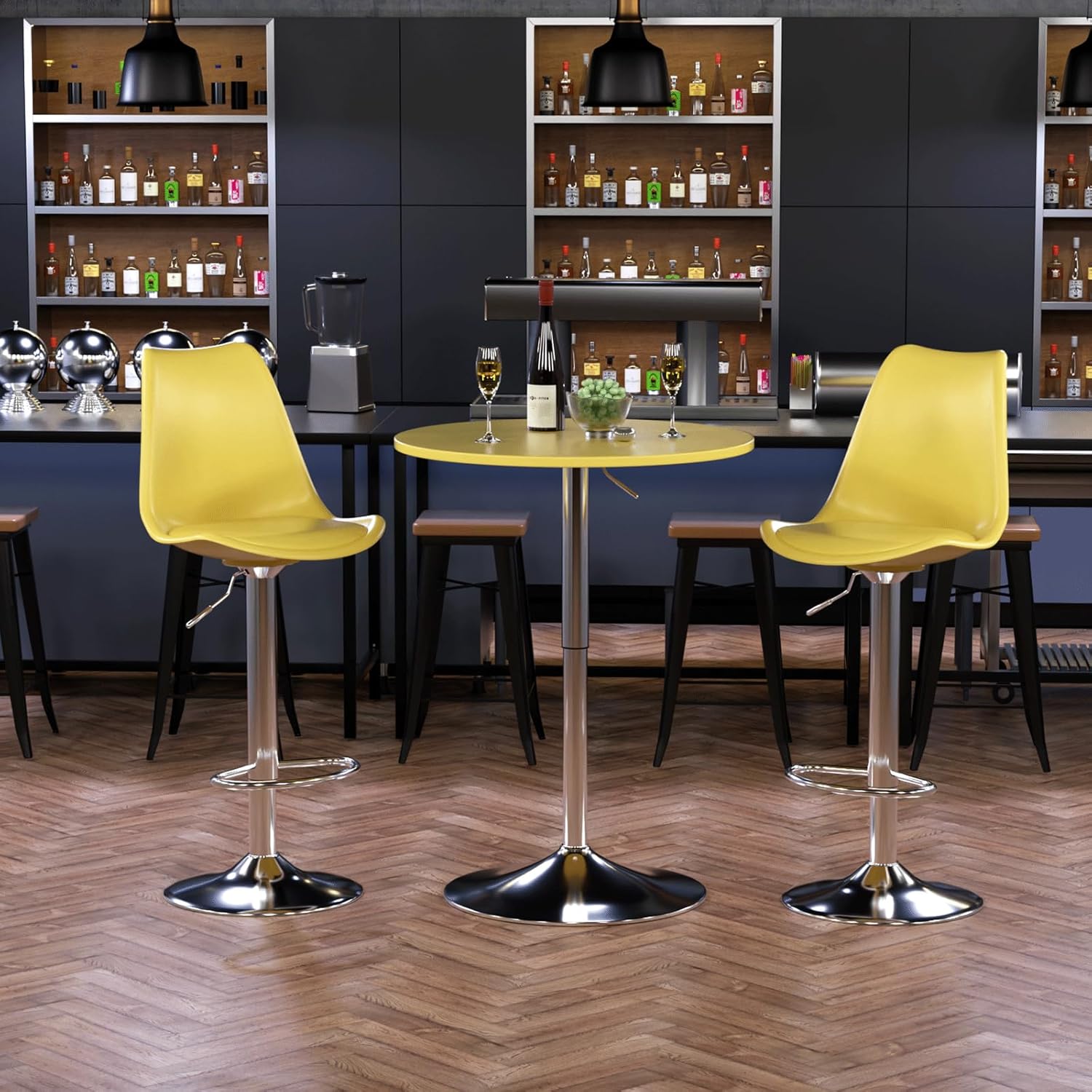 23.5 Inch Round Pub Table, Adjustable Height 27.5" - 36", 360° Swivel High Top for Dining Room, Kitchen, Patio or Bar, Metal Base, Yellow