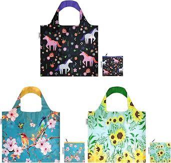 allydrew Foldable Tote Reusable Grocery Bags, 3 Pack, Floral Fantasy