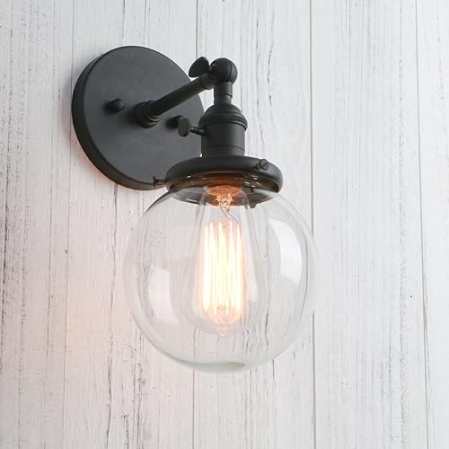Miniatura 4 de PERMO Aplique de pared industrial vintage con mini pantalla redonda de vidrio transparente soplado a mano de 5.9 pulgadas (negro)