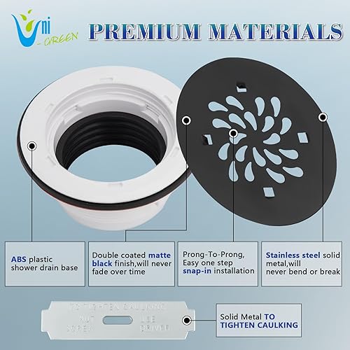 Miniatura 6 de Uni-Green Desagüe redondo de 4-14 pulgadas para base de ducha, tubo de 2 pulgadas, sin calafateo de PVC, drenaje de ducha de acero inoxidable 304