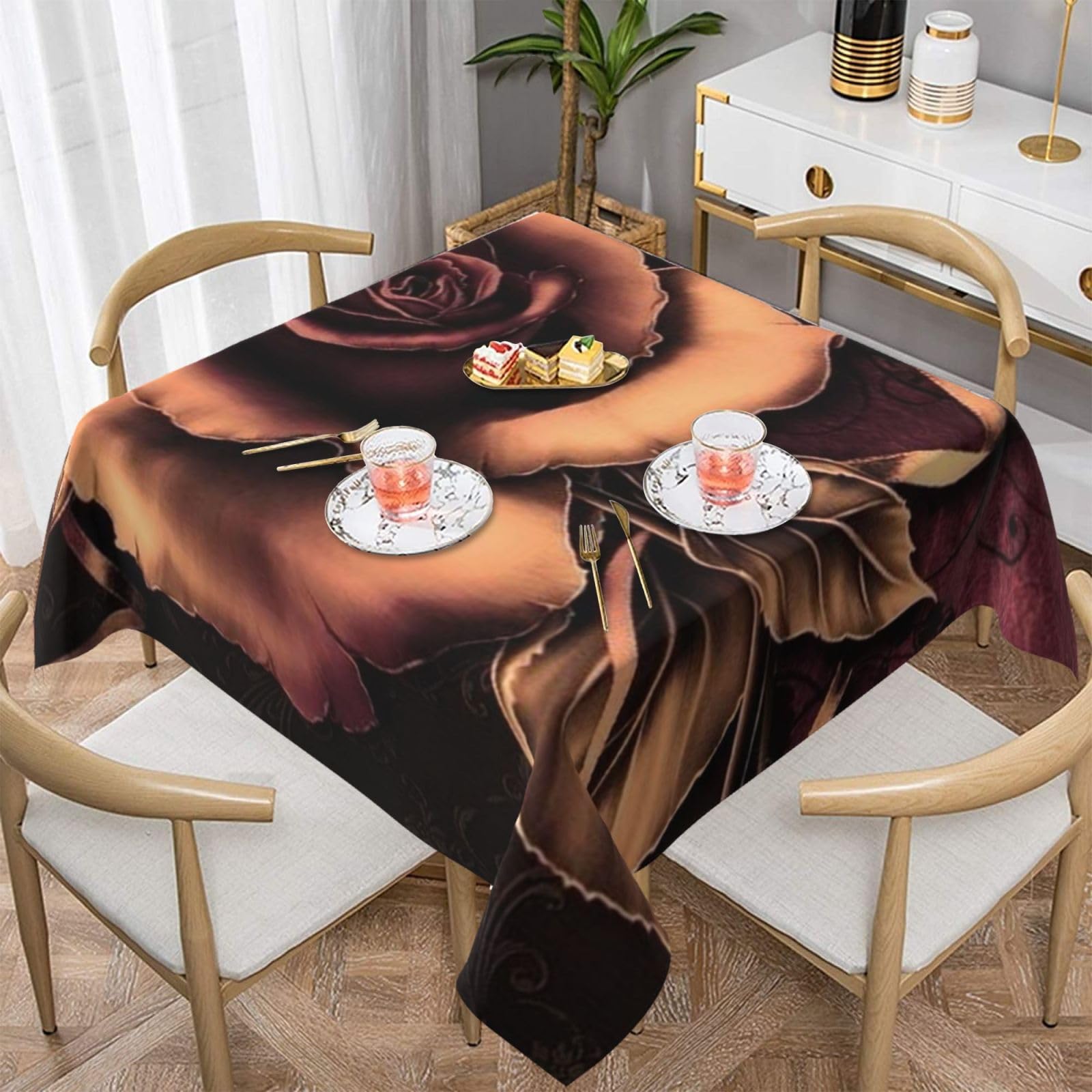 DCEHGEW gothic Rose Prints Square Tablecloth 152x152 CM, Waterproof Fabric Table Cloth for Dining Table, Farmhouse Table Cover for Kitchen Dining Tabletop Decoration