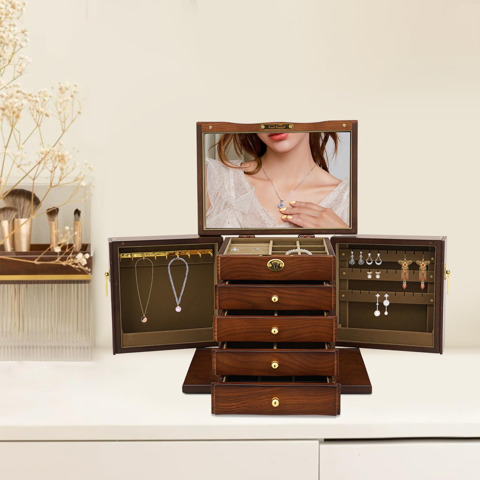 5 Schichten Schmuckkasten Holzschmuckbox mit Spiegel Schmuckschatulle Schmuckaufbewahrung Schachtel Abschließbar Aufbewahrungsbox Holz Schmuckkoffer für Ohrringe, Halsketten, Armbänder, Ringen