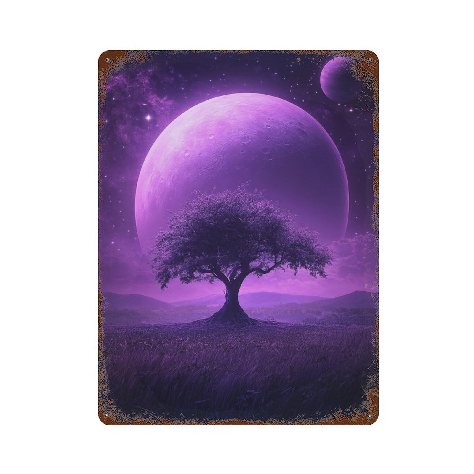 Purple Moonlit Tree Landscape Weathered Tin Sign 15.7"x11.8", Ideal for Patio, Garden Room And Bar Decor