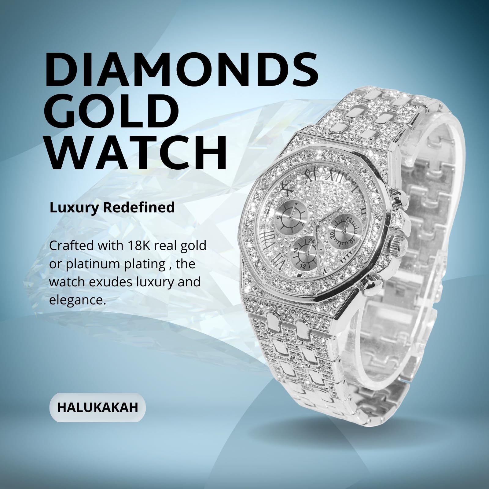 Halukakah Montre en Or avec Diamants pour Garçons,Ados,Enfants - Plaqué Or 18K/Platine,Cadran Octogonal 40mm avec Chiffres Romains,Quartz Japonais -20cm,avec Outil de Réglage -pour Anniversaires,Fêtes