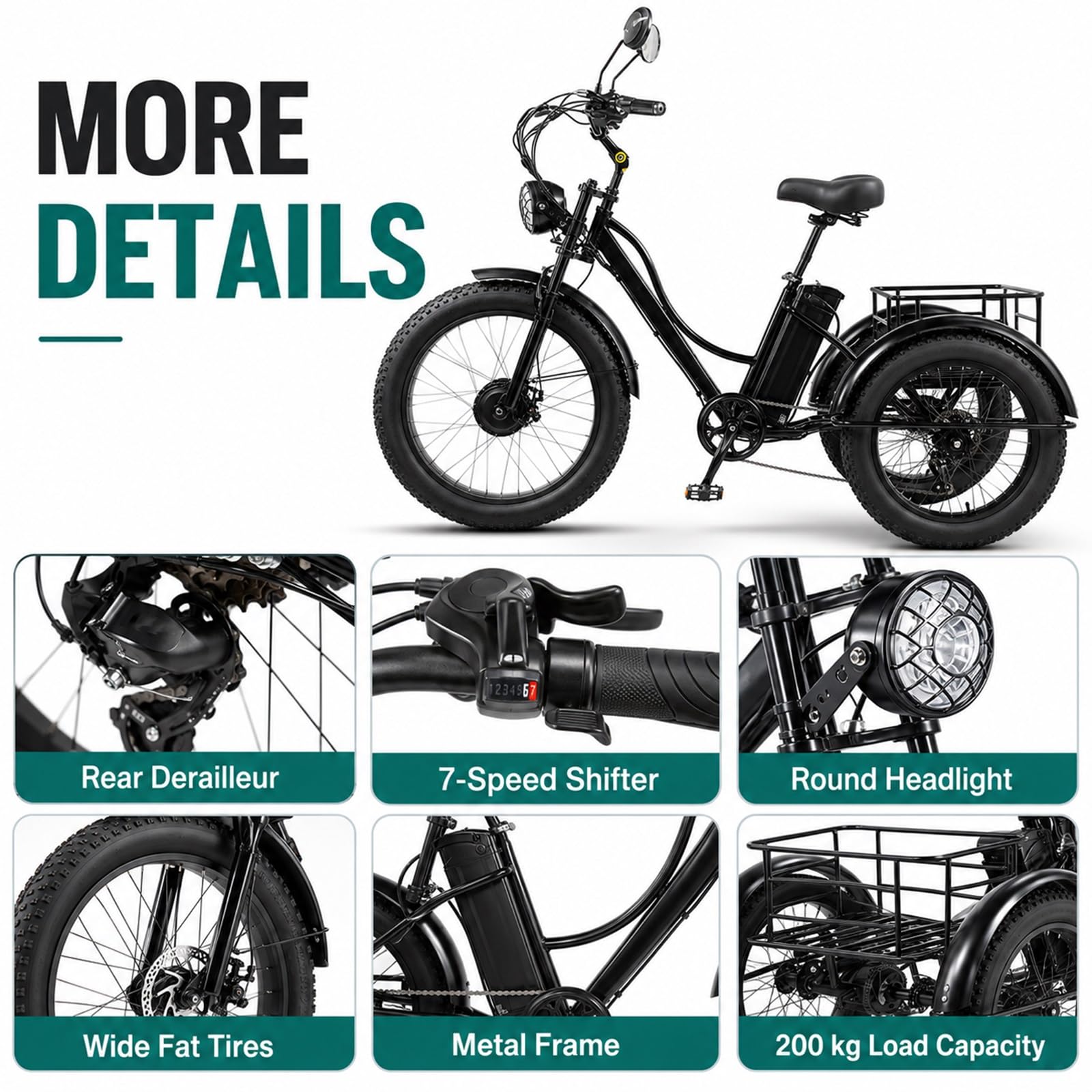 Triciclo Elettrico Per Adulti – E-bike A 3 Ruote Con Pneumatici Fat Da 24 Pollici, Batteria Da 48V 18Ah, Cambio A 7 Velocità, Autonomia Di 40 Miglia, 3 Modalità Di Guida, Display LCD(Green)