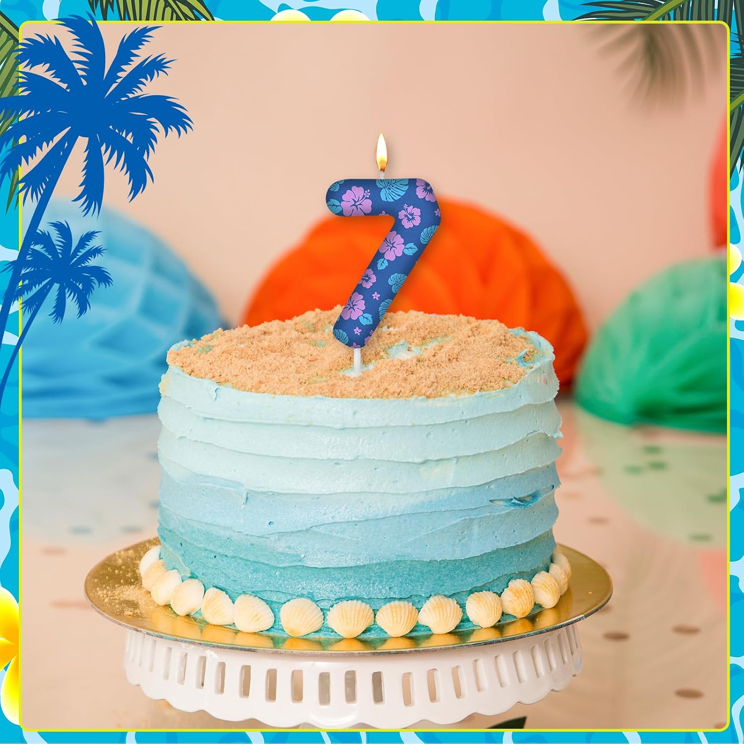 MTLEE 1 Pack Number 7 Cartoon Birthday Candle 7th Birthday Candle Numeral Leave and Flower Birthday Cake Topper 7 Candle for Cartoon Birthday Decoration Hawaii Party Supplies Favor, Pink and Blue image 5