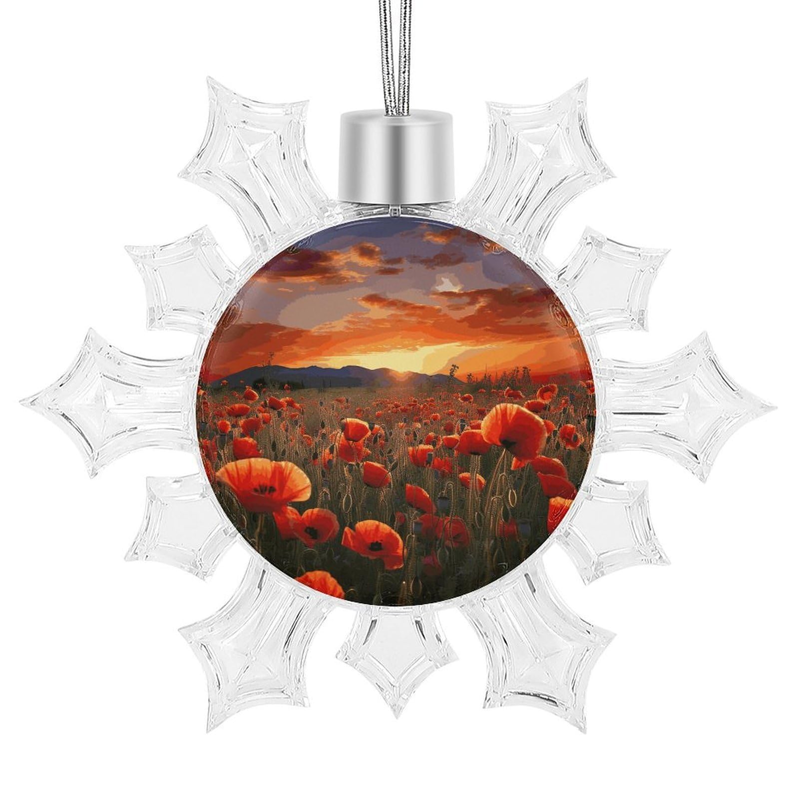 Red Poppy Flower Field in Sunset Snowflake Decorations,Christmas Decorations，Christmas Indoor Winter Wonderland Decor，Hanging Ornaments for Xmas Tree Winter New Year Party Supplies