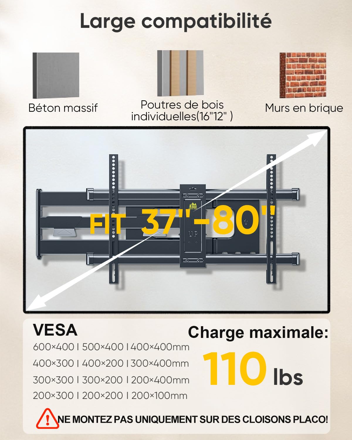 FORGING MOUNT Support Mural TV à Extra Longue, Portée 1090 mm, 32-80 Pouces | VESA Max 600x400 mm, Charge maximale 50 kg, Pivotement, inclinaison et rotation, Écrans plats ou incurvés