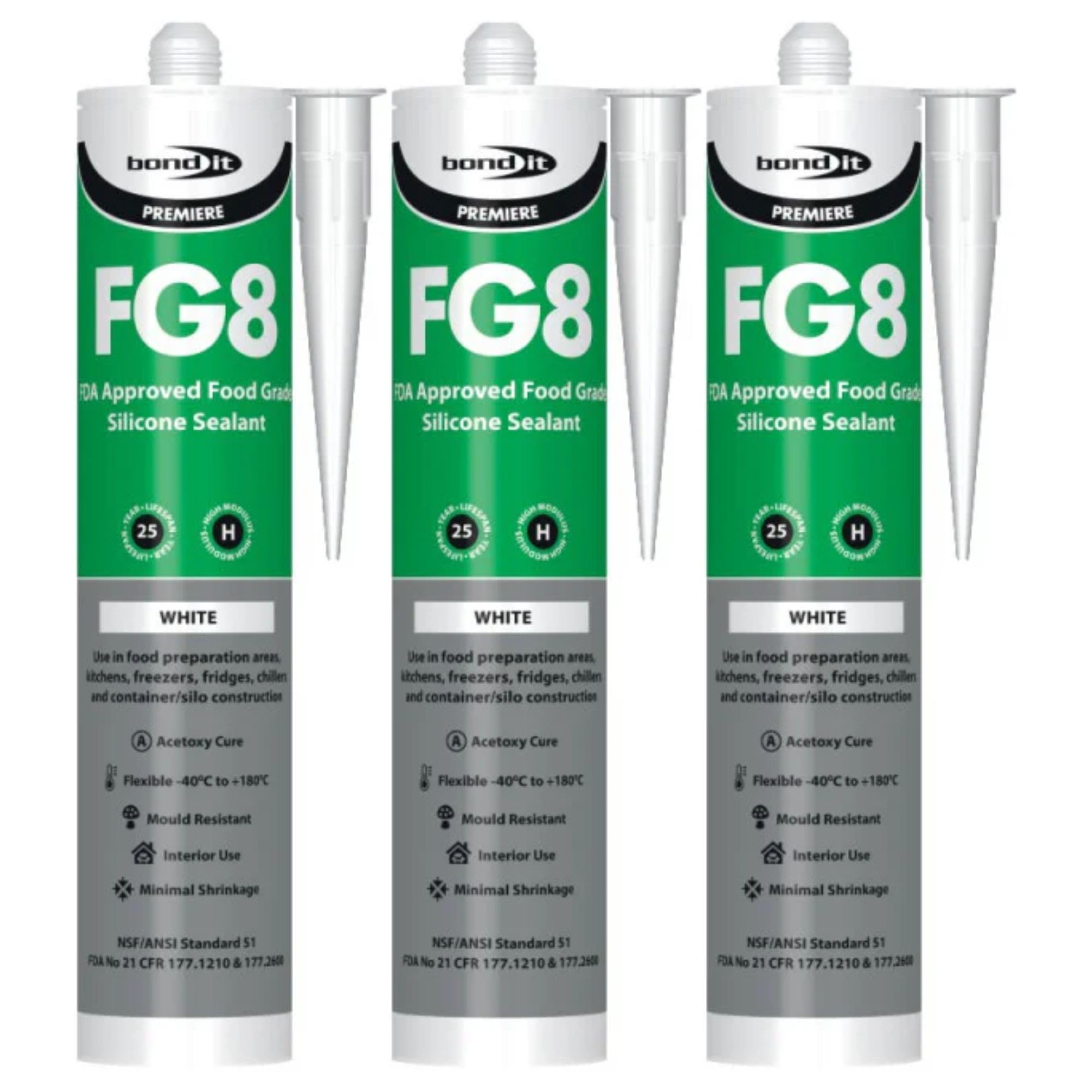 Bond It FG8 Food Grade Fungicidal Silicone Sealant – 3x White, 310ml | FDA Approved – Mould Resistant – Heat & Cold Stable | Waterproof Silicone for Food Machinery – Deep Freezers – & Kitchen Sealing