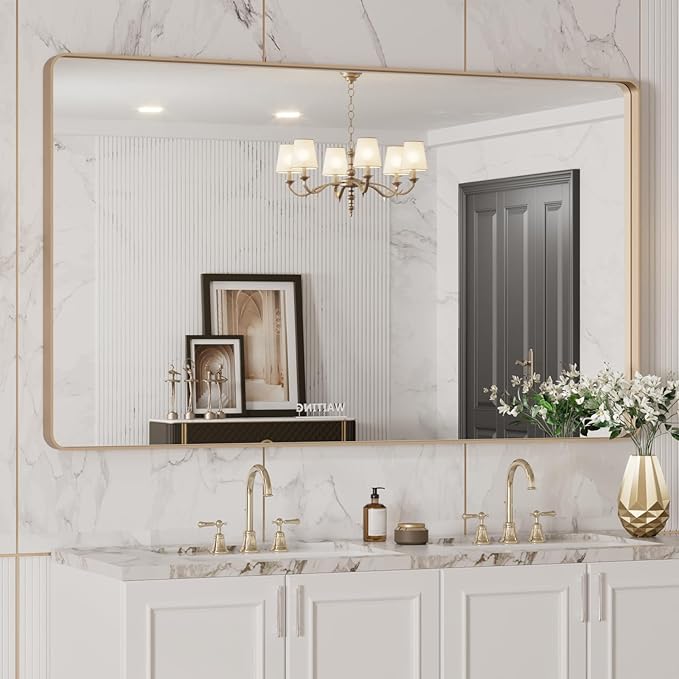 Amazon.com: LOAAO 50”X30” Gold Bathroom Mirror, Rounded Rectangle Gold ...