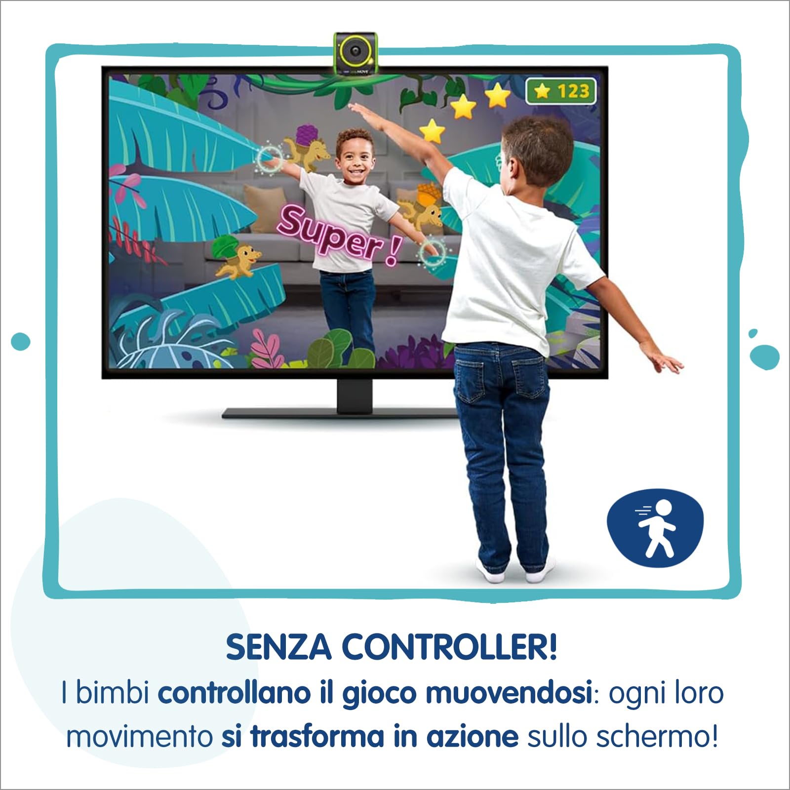 VTech LeapMove, Console TV Interattiva per Bambini, Rileva i Movimenti Senza Controller, Pronta all'Uso, 25 Giochi Educativi, 3 Profili Giocatore, Lingua Italiana, Cavi Inclusi, 4-11 Anni