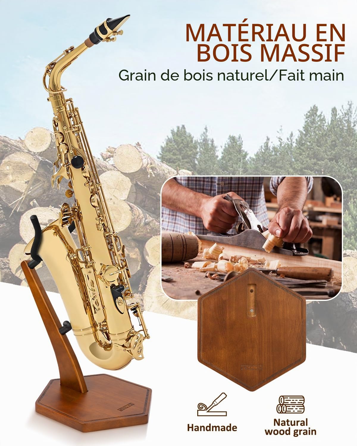 STRICH Support de saxophone alto/ténor fait à la main en bois massif, couleur noyer, base lourde lestée (FH-4, sax)