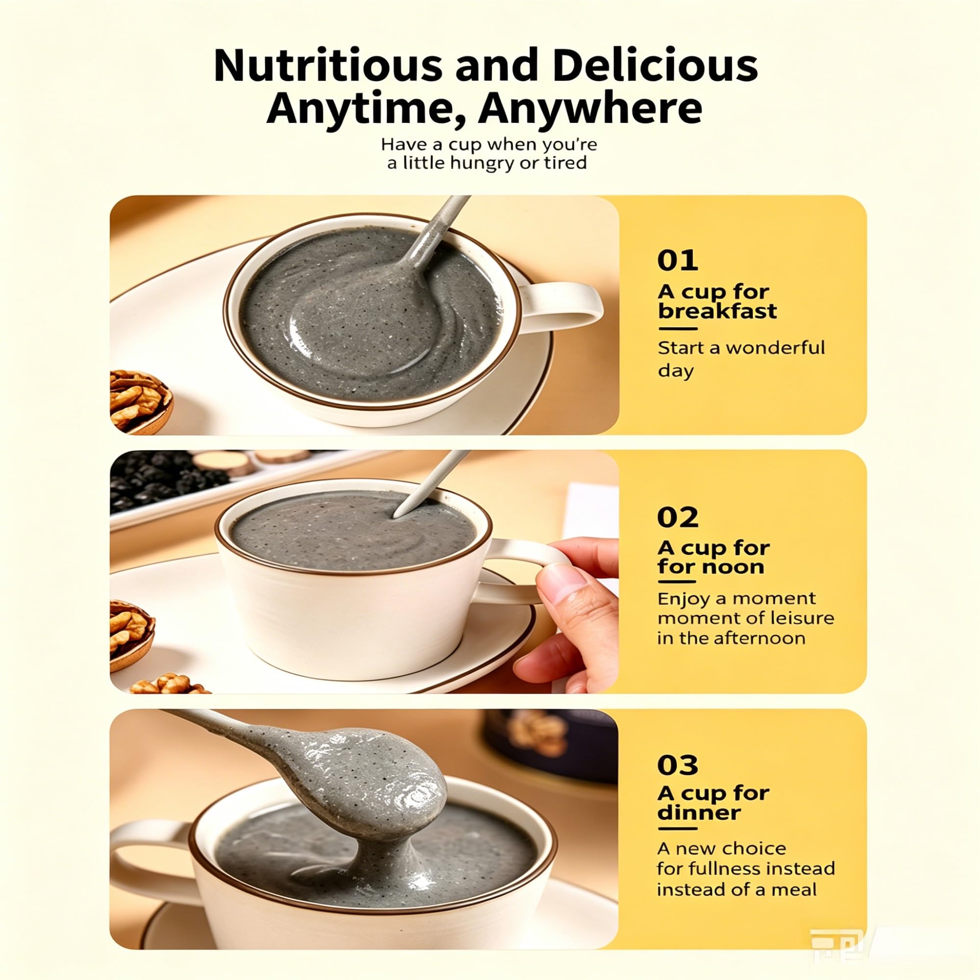 Polvo de sésamo negro, nuez, ñame y mora | Reemplazo instantáneo de comida for el desayuno, mezcla de batidos for la nutrición diaria(3pcs)