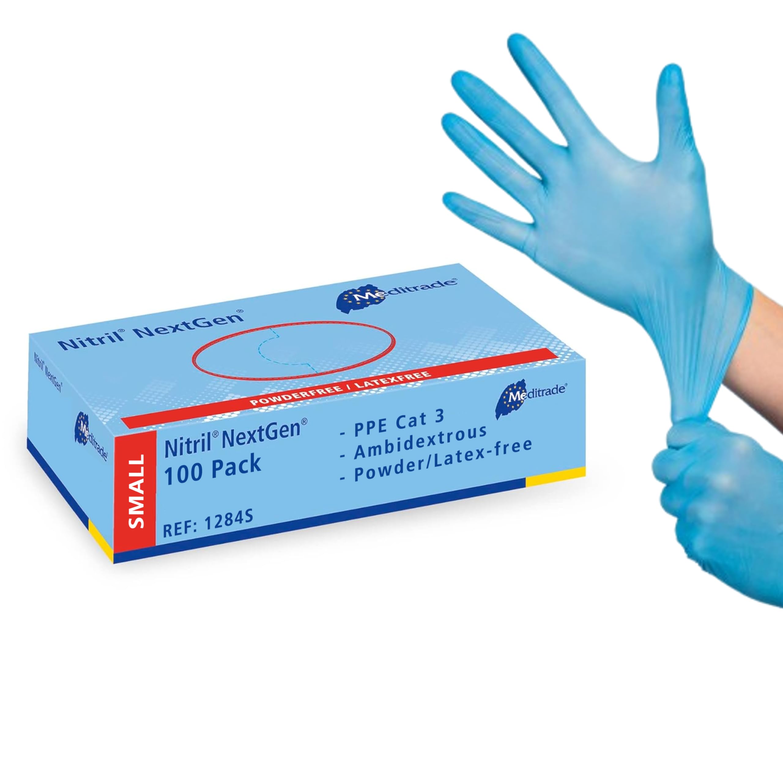 Meditrade Nitril NextGen® Untersuchungshandschuhe – Puder- und latexfreie Schutzhandschuhe – Größe S – Hellblau – 100 Stück