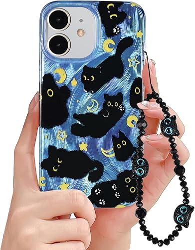 Fycyko Funda protectora para iPhone 11, diseño de gato con bonito diseño de gato femenino con dijes para teléfono, correa protectora para iPhone 11,