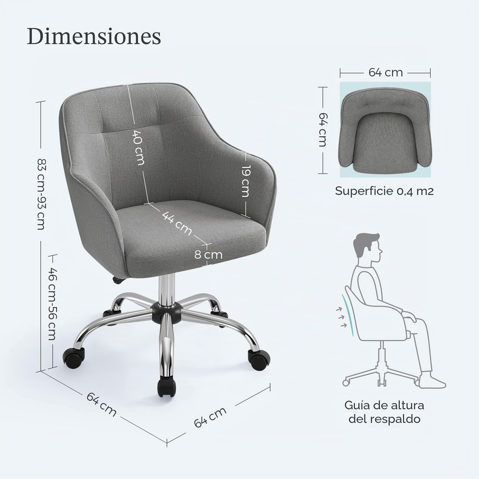 SONGMICS Juego de 2, Silla de Estudio, Silla Giratoria, Altura Ajustable, Carga de 110 kg, Marco de Acero, Tela de Algodón-Lino Transpirable, para Estudio, Dormitorio, Gris OBG919G01 | Ajustable en altura, con ruedas, capacidad 110 kg, para habitación, to