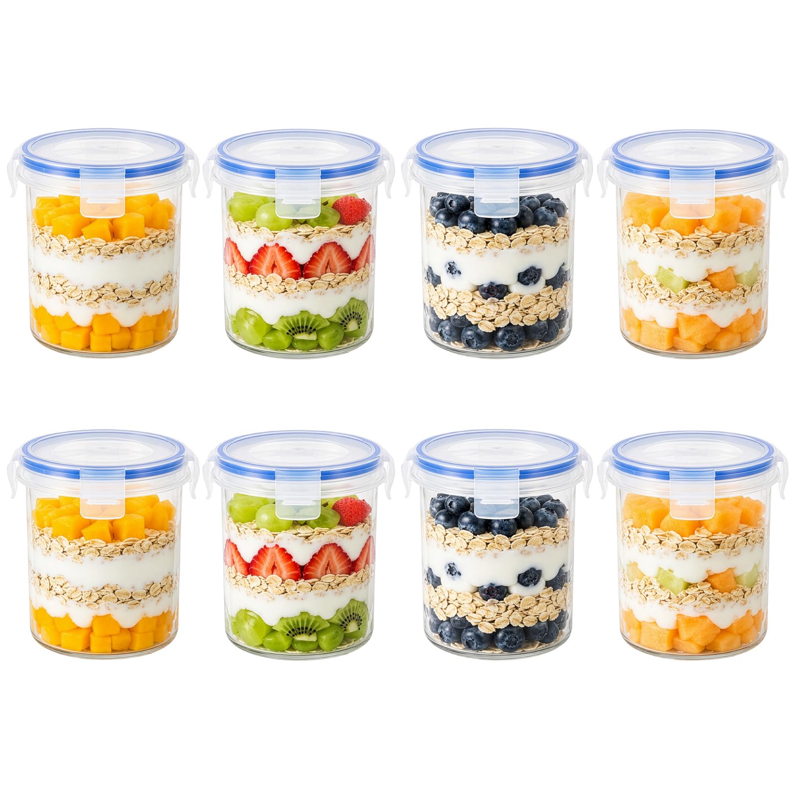 M.J COMFY-LIFE Overnight Oats Containers with Lids – 16 oz BPA-Free Plastic Jars, Airtight Locking Seal Portable Cereal & Milk Storage, Microwave & Dishwasher Safe Oatmeal To-Go Jars (8)