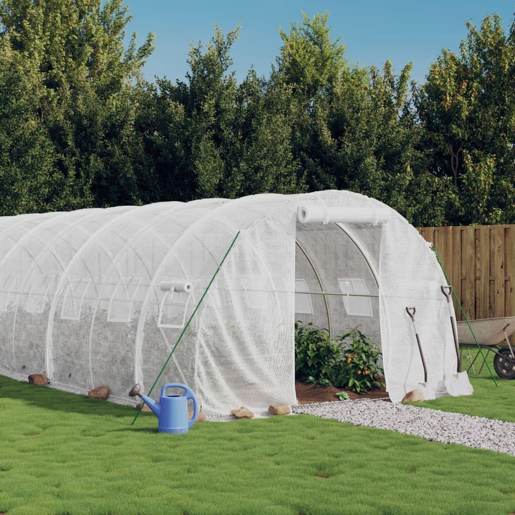 Serra con telaio in acciaio bianco, 54 m², 18 x 3 x 2 m, per giardinaggio hobbistica, piante, verdure, erbe, fiori, aiuola, casa per pomodori, resistente alle intemperie, antigelo, con porta e