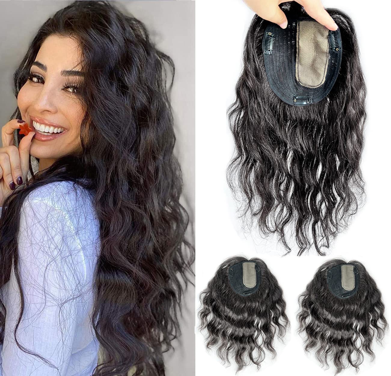 ICRAB 14" Women Natural Wavy Human Hair Toppers Left Part
