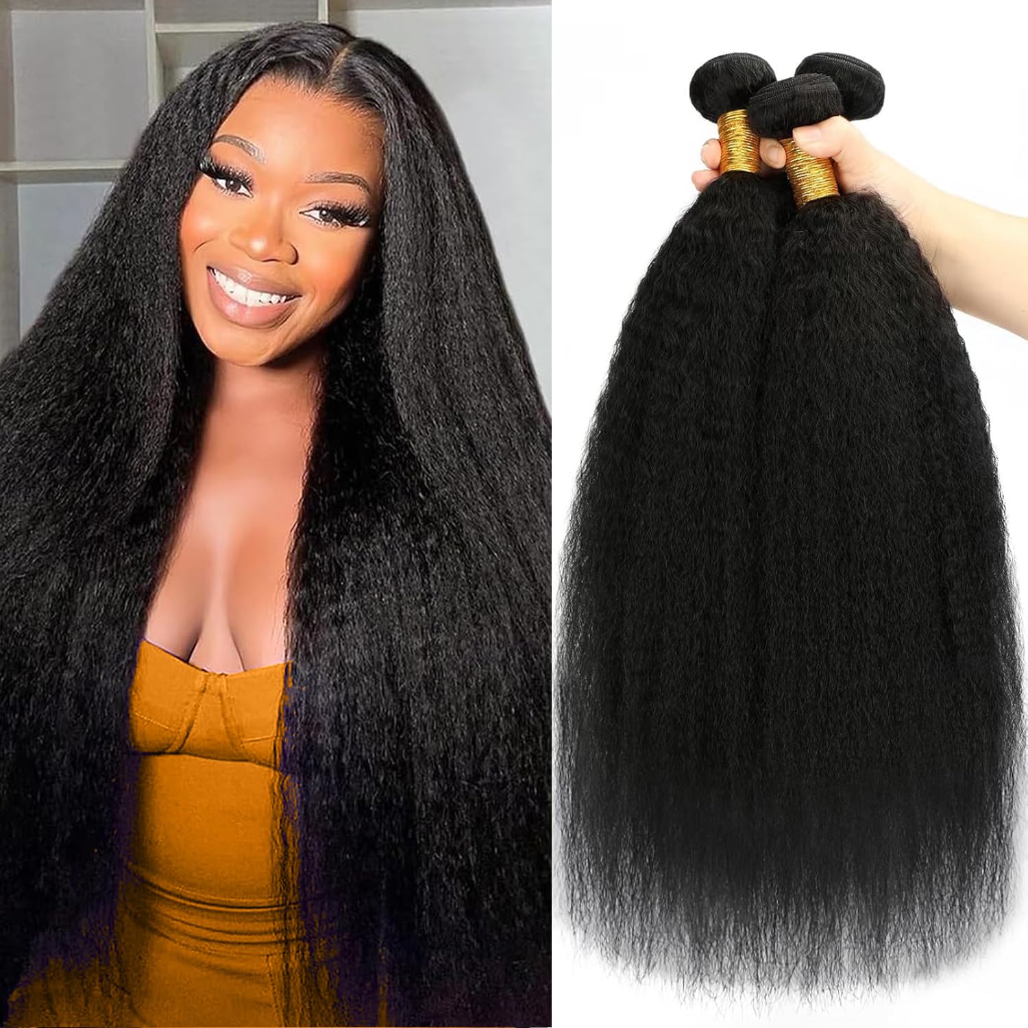 Vallbest Kinky Straight Bundles Human Hair 16 18 20 Inch, 3 Bundles 100% Unprocessed Brazilian Virgin Remy Hair Extensions