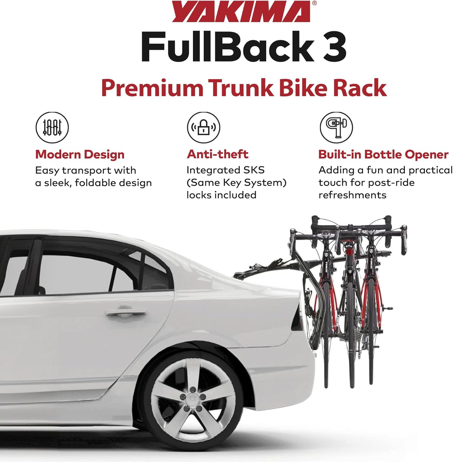 Yakima FullBack 3 Premium Trunk Bike Rack, Holds 3 Bikes, Tool-Free Installation, SuperCush ZipStrips, Foldable Arms, SKS Locks, Bottle Opener