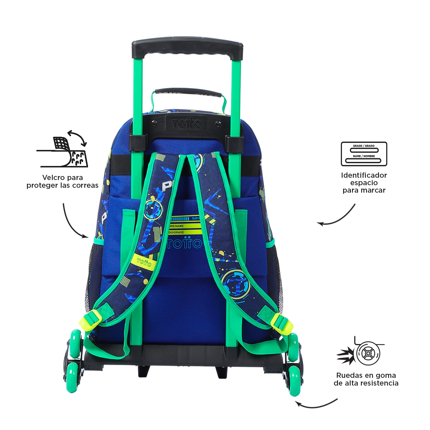 TOTTO - Mochila Escolar con Ruedas, Modelo Kong Lab L, Mochila Grande, Capacidad 25 L, 2 Compartimentos, 2 Bolsillos Botella, Protección en la Base, Sistema de 3 Ruedas, Correas Ajustables, Color Azul