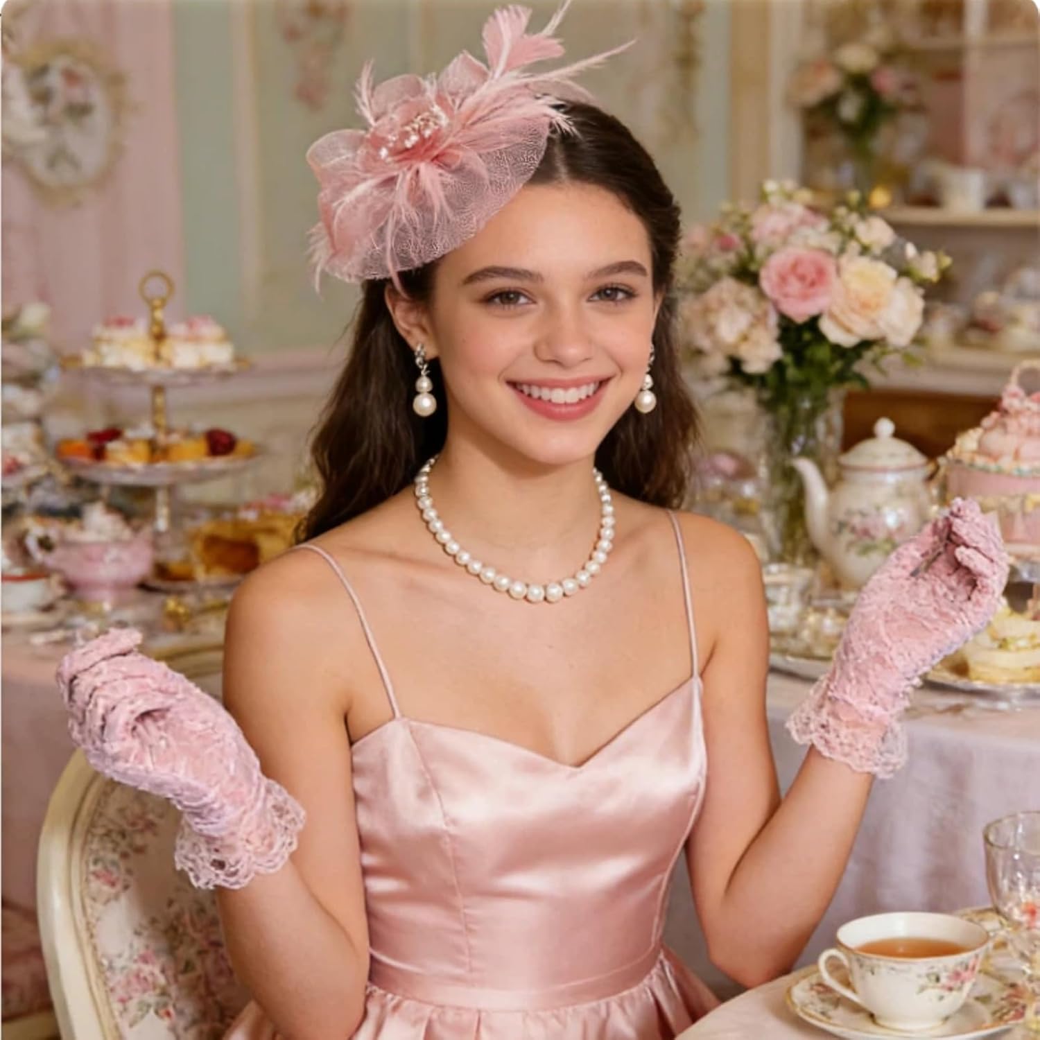 Fascinator Hat for Women Tea Party Headband Tea Party Headpiece and Lace Glove Set for Women 1920s Party - Image 4