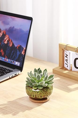 Miniatura 2 de LAMDAWN Lindas macetas de cerámica para suculentas, macetas de 3.7 pulgadas con drenaje y bandeja de bambú, juego de 5 plantas no incluidas (colores