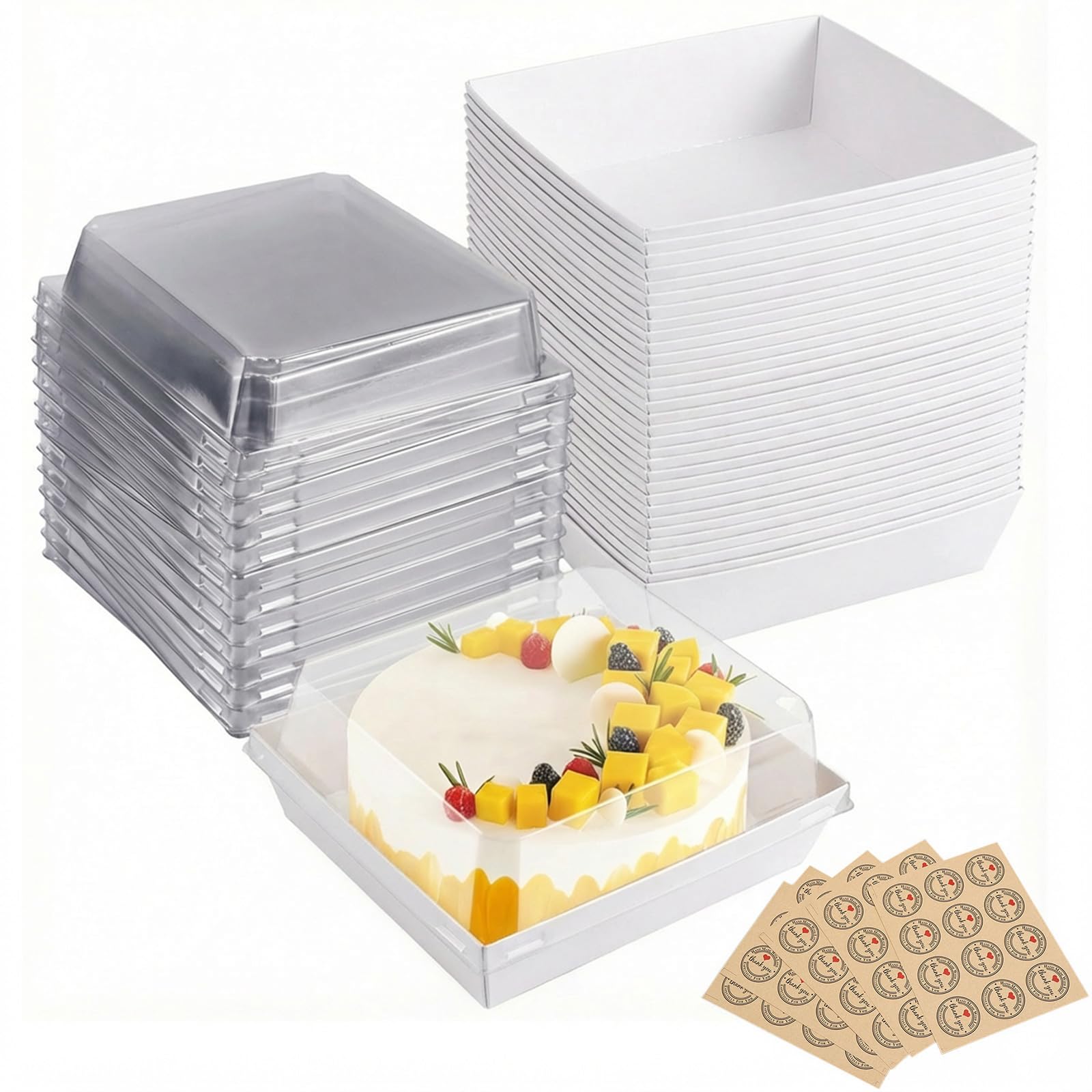 Joyseedi White 50Pcs Paper Cake Slice Boxes With Clear Lids, 12Cm Oil-Proof Charcuterie Dessert Square Food Containers, Cupcake Takeaway Boxes For Bakery Macaron Sandwich Cookies (White)