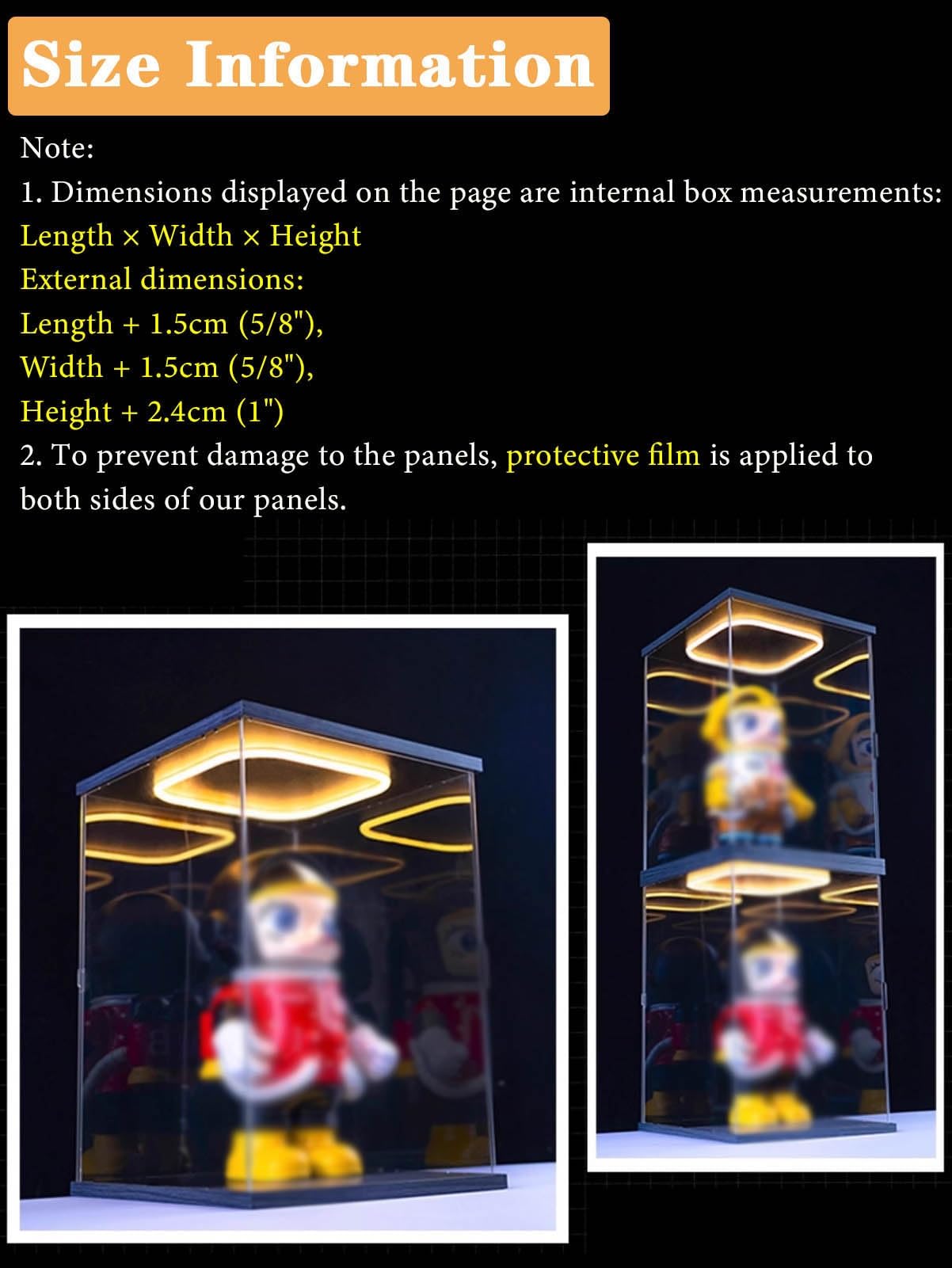 Vetrinetta Espositiva Vetrina con Illuminazione a LED per Action Figure, Contenitori Rettangolari In Acrilico per Giocattoli, Scatola Trasparente Impilabile e Antipolvere(35x15x25cm(14"x6"x10"))