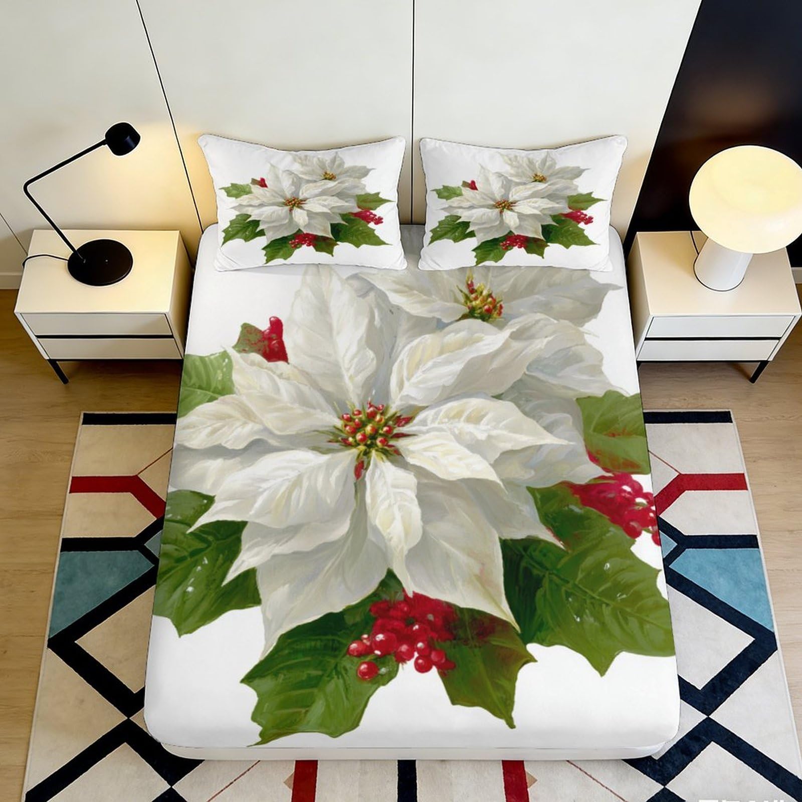 3D Printed White Poinsettia Fitted Sheet Microfiber Soft Floral Bed Cover for Bedroom Guest Room Mattress Decor 90x200x25cm