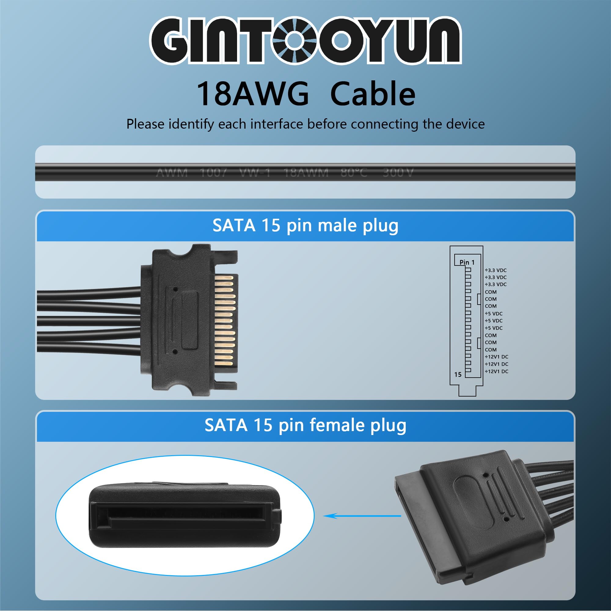 GINTOOYUN Zestaw 2 szt. 15 pin SATA Power Extension Cable 18AWG 15 pin męski do żeński dysk twardy SATA kabel zasilający do dysku twardego HDD (8,46 cala)